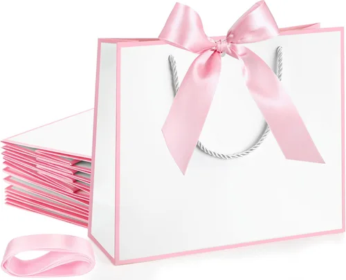 Miniatura 41 de Silkfly 12 bolsas de regalo con asas para dama de honor, 12 x 10 x 4 pulgadas, elegantes bolsas de regalo de bienvenida de boda con lazo para Rosa
