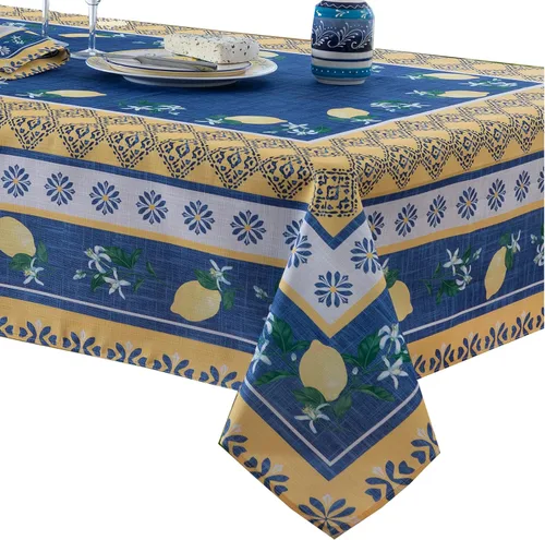 Miniatura 3 de Home Bargains Plus Mantel rectangular de tela, 52 x 70 pulgadas, jardín de limón azul, para interiores y exteriores, resistente a las manchas y al