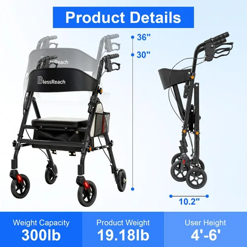 Miniatura 4 de BlessReach Andadores plegables ligeros con asiento para personas mayores, capacidad de 300 libras, altura ajustable de 5 posiciones, andador híbrido
