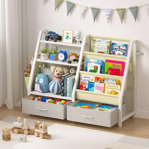 Miniatura 8 de Estantería para niños y organizador de juguetes Twinkoo, estante resistente de 3 niveles, estantería con bandeja y 2 contenedores de juguetes, Gris