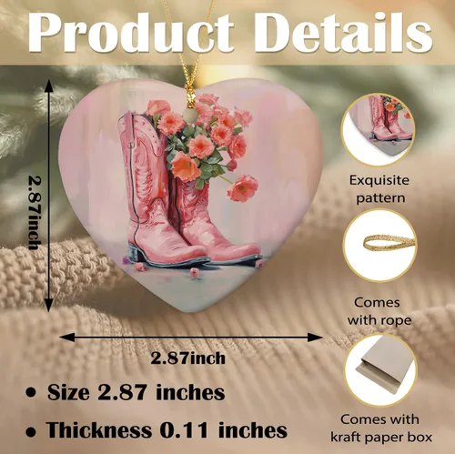 Miniatura 6 de Adorno rosa de vaquera occidental, adornos de corazón de vaquera occidental para decoración de fiesta de árbol de Navidad, botas de vaquero florales
