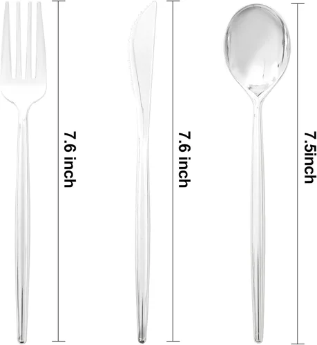 Miniatura 3 de LIYH 102 piezas de cubiertos de plástico plateado – Juego de cubiertos de plástico de alta resistencia, utensilios desechables, cuchillos, 102 plata