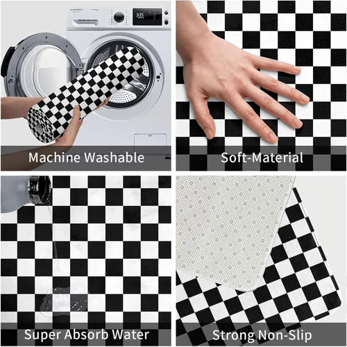 Miniatura 5 de Alfombra de baño a cuadros en blanco y negro para piso de baño, alfombras de baño pequeñas, suaves, lavables, absorbentes, alfombras de ducha
