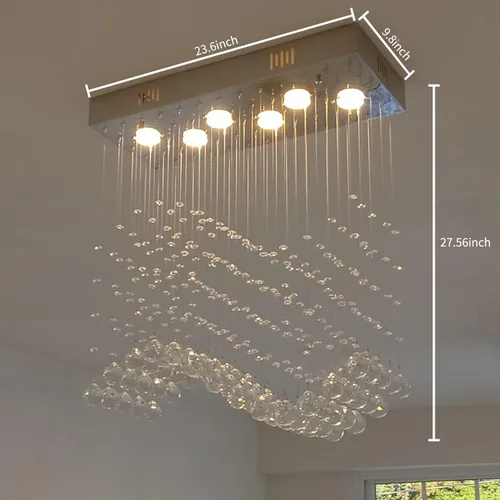 Miniatura 5 de Araña moderna de onda, araña rectangular de cristal con gotas de lluvia, montaje empotrado, lámpara colgante de techo cromada, ideal para comedor