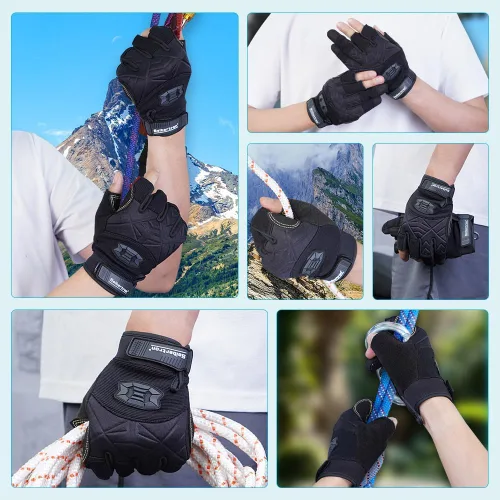 Miniatura 7 de Seibertron Guantes de palma acolchada con dedos completos o semi-dedos, ligeros y transpirables para escaladores, escalada en roca, rescate, Tres