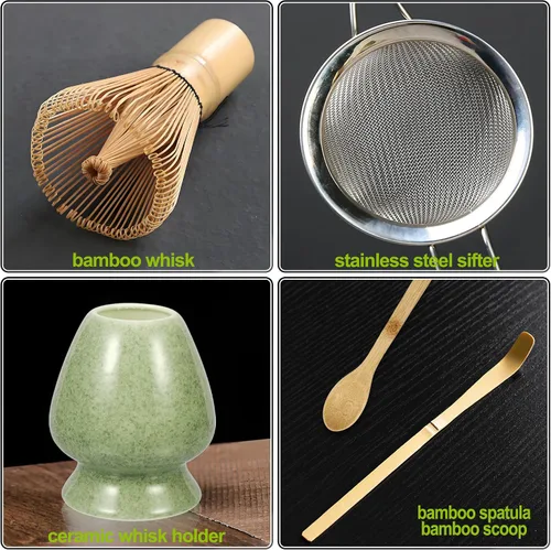 Miniatura 6 de Juego de 5 batidores de matcha, batidor de matcha, soporte de batidor de cerámica, cuchara y cuchara de bambú, tamiz de iniciación en polvo