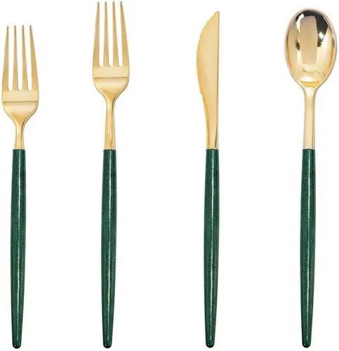 Supernal 180 cubiertos de plástico dorado y verde, cubiertos de plástico dorado extra resistentes con mango de purpurina verde, cubiertos 180PCS