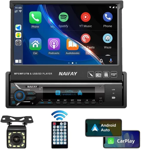 Naifay Estéreo de coche con pantalla táctil de un solo DIN con Carplay y Android Auto, pantalla abatible de 7 pulgadas con receptores de audio