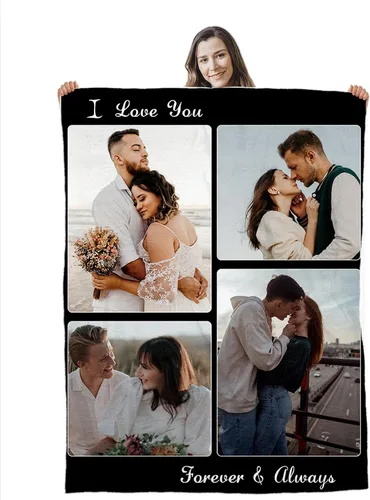 Manta de collage de fotos personalizada, manta de franela suave, regalos para seres queridos 4 Fotos con texto