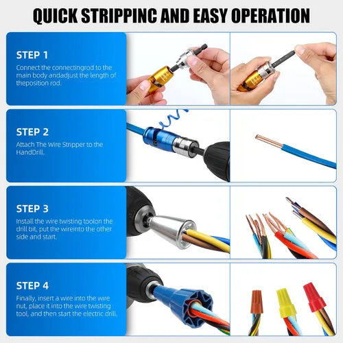 Miniatura 7 de Herramienta profesional pelacables para taladro, construcción duradera totalmente metálica para cables de 6 a 14 AWG, pelado rápido y fácil