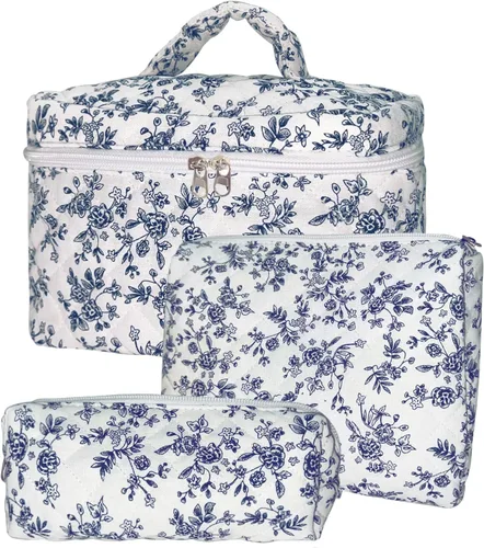 Miniatura 9 de Juego de 3 bolsas de maquillaje acolchadas de algodón, bolsa de cosméticos de algodón floral, bolsa organizadora de viaje para mujeres y niñas (oso)