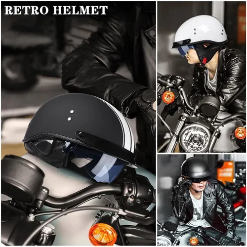 Miniatura 7 de Casco retro de motocicleta para adultos, hombres y mujeres, aprobado por DOT, estilo alemán, cascos de media cara con gafas desplegables, visera