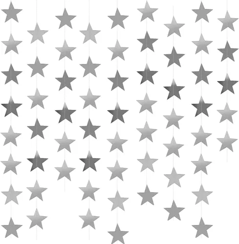 Yzurbu - Guirnalda de estrella plateada, 23.8 m, doble cara, colgante, bandera de papel brillante con estrellas, decoraciones para cumpleaños, boda,