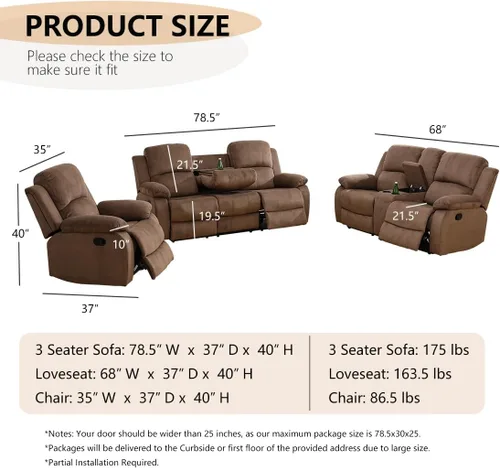 Miniatura 3 de Juego de sofá seccional reclinable manual, juegos de muebles de sala de estar, sofá seccional en forma de L y 2 sillas, cómodo sofá reclinable