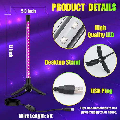 Miniatura 4 de Luz LED negra portátil USB de alta calidad, soporte de escritorio con cable de 5 pies + interruptor, brilla en la oscuridad para Halloween, fiesta