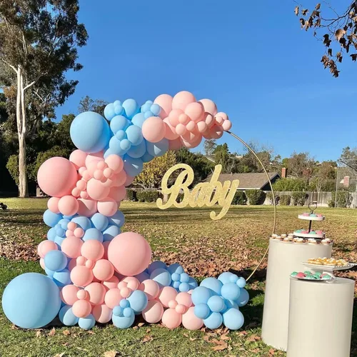 Miniatura 5 de Kit de arco de globos rosa y azul, kit de guirnalda de 100 globos azul claro rosa macarrón para revelación de género, globos de diferentes tamaños