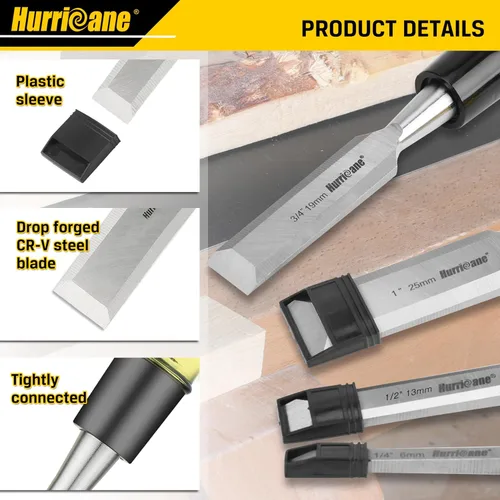 Miniatura 3 de HURRICANE - Juego de 4 cinceles de madera para carpintería. Hojas de acero CR-V con borde biselado y tapas de seguridad. Mango de PVC duradero