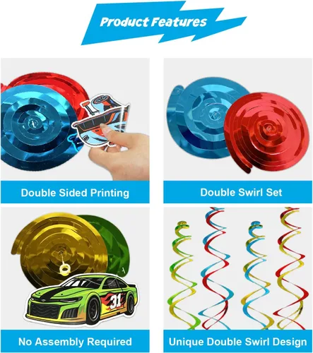 Miniatura 5 de HonuGoGo Kit de decoración de fiesta de cumpleaños de coche de carreras, 26 espirales colgantes con temática de carreras, carteles y recortes