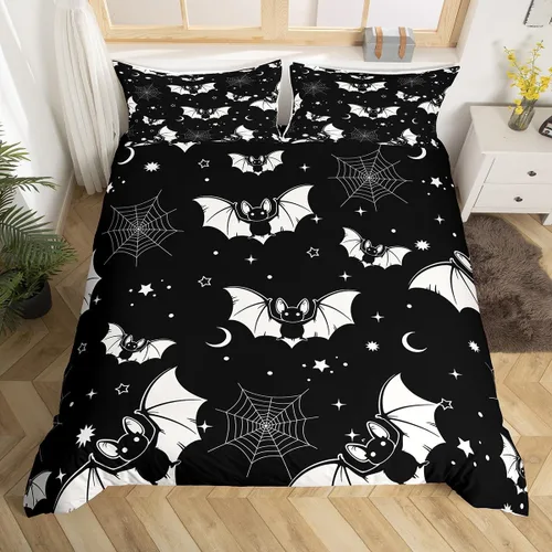 Miniatura 16 de Juego de ropa de cama de Halloween, funda de edredón gótica de murciélagos negros con telarañas, funda de edredón individual, diseño de arañas