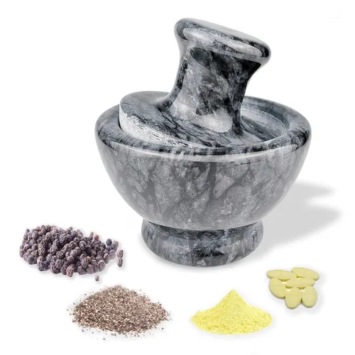 LUOLAO Juego de mortero y mortero de mármol, trituradora de píldoras y molinillo de piedra de especias, 3.7 pulgadas, 1/2 taza, la molienda es