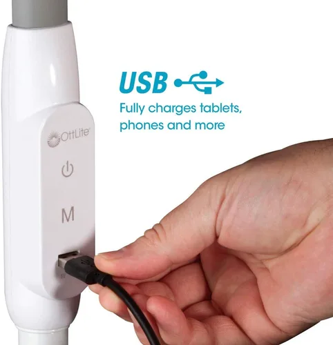 Miniatura 4 de OttLite Lámpara de pie LED con puerto USB y soporte para tableta, diseño blanco moderno, luz de pie LED ClearSun, cargador USB, controles activados