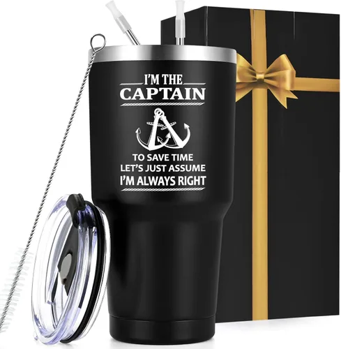 Miniatura 9 de Qtencas Vaso de viaje aislado de acero inoxidable con texto en inglés "I'm The Captain & I'm Always Right", regalos de navegación para hombres, día