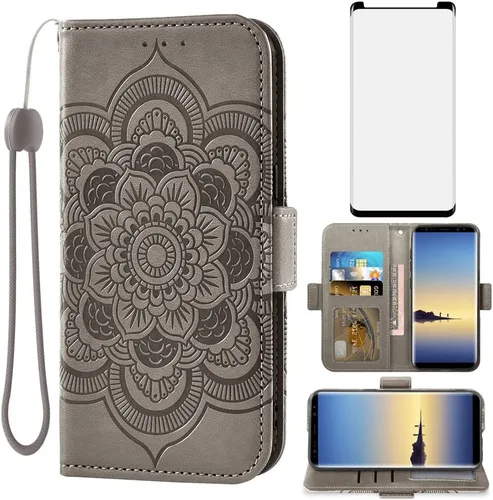 Asuwish Compatible con Samsung Galaxy Note 8 - Funda tipo cartera y protector de pantalla de vidrio templado, portatarjetas, accesorios para