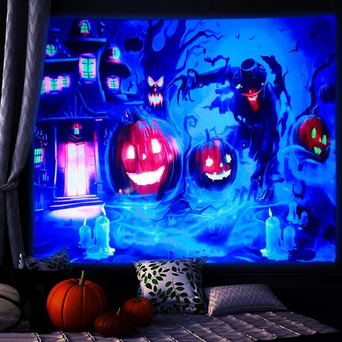 Miniatura 2 de Shoowyees Tapiz de luz negra de Halloween, tapiz nocturno para colgar en la pared, bosque embrujado con tumba y calabazas, manta de pared reactiva a