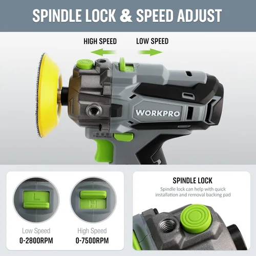Miniatura 5 de WORKPRO Pulidora Inalámbrica de 12V, Kit de Máquina Pulidora y Lijadora Mini para Detalles de Auto de 3", con 2 Baterías de Iones de Litio, Gatillo