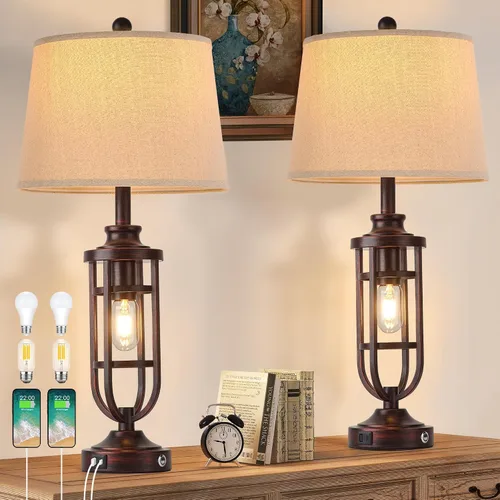 Miniatura 10 de Lámparas de Mesa Estilo Granja de 28.8" para Sala de Estar, Juego de 2, Lámparas Táctiles Regulables de 3 Vías con Puertos USB, Lámparas Rústicas
