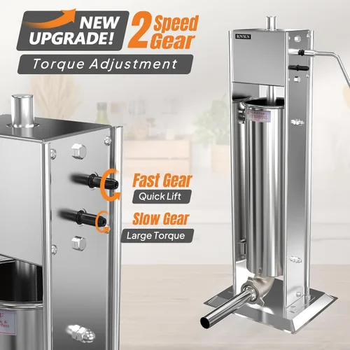 Miniatura 6 de ROVSUN Embutidora de salchichas manual de 15 lb/7 l, máquina de salchichas vertical de dos velocidades de acero inoxidable, máquina de relleno