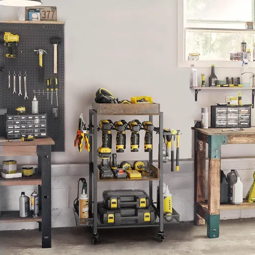 Miniatura 9 de Olakee Organizador de herramientas eléctricas, organizador de almacenamiento de garaje, estante de herramientas, estante de taladro, carrito