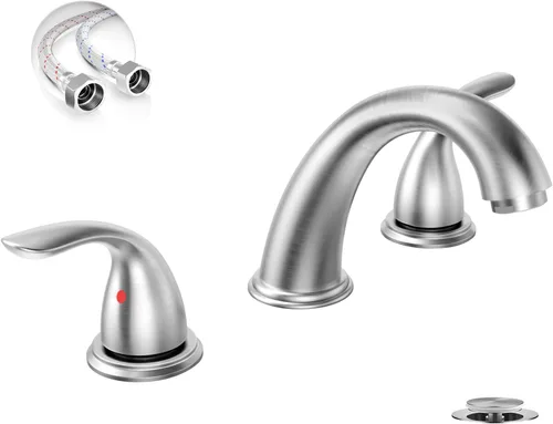 Miniatura 14 de Phiestina Paquete de 2 Grifos de Baño Extendidos de 8 Pulgadas con 2 Manijas y 3 Orificios para Montaje en Cubierta de Níquel Cepillado, con Desagüe
