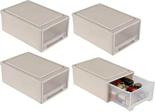 Miniatura 5 de Xyskin Paquete de 4 cajones apilables compactos de plástico de 12 cuartos de galón, caja apilable de almacenamiento de escritorio