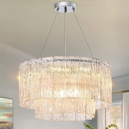 Miniatura 15 de CATINER Candelabro de cristal de 20 pulgadas, moderno, 6 luces, lámparas de tambor dorado, iluminación colgante de techo de lujo para entrada