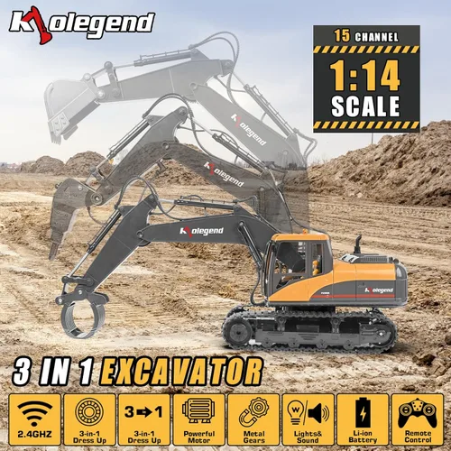 Miniatura 2 de Kolegend excavadora de juguete con control remoto 3 en 1, excavadora RC de escala 1/14, 15 canales, vehículos de construcción de función completa