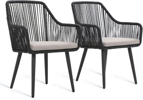 JOIVI Juego de 2 sillas de comedor para patio, sillas de ratán al aire libre con reposabrazos y cojines para césped exterior, jardín, patio,