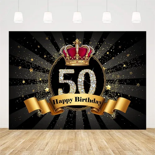 Miniatura 2 de SENDY Telón de fondo para fotografía de fiesta de cumpleaños número 50 de 7 x 50 pies con purpurina negra y dorada para hombre y mujer, fabulosa