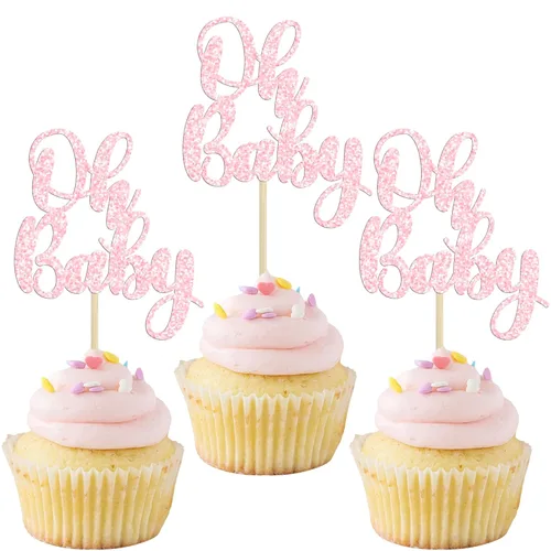 Miniatura 18 de Gyufise 36 piezas de decoraciones para cupcakes Oh Baby, arcoíris rosa y azul con purpurina, para baby shower, revelación de género, cupcakes para B