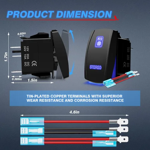 Miniatura 6 de MICTUNING LS083601JL - Kit de interruptor basculante estéreo láser, luz LED de encendido/apagado, 20A 12V, azul