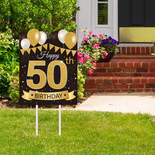 Miniatura 11 de Letrero grande de patio para fiesta de feliz cumpleaños número 13, negro dorado, letreros de patio de cumpleaños 13 con estacas y decoraciones
