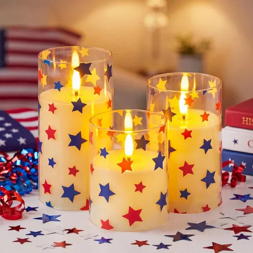 Blosssound 3 Pack 4th of July Flameless Candles Battery Operated Independence Day Stars in Blue Red Flameless Flickering Candles LED for Gifts Home