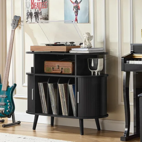 Miniatura 5 de LELELINKY - Soporte grande redondo para tocadiscos con estación de carga y estante de exhibición acanalado, gabinete para tocadiscos color negro
