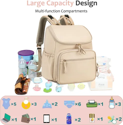Miniatura 2 de LORADI Mochila ligera para pañales con clips para cochecito, bolsillos aislados, artículos esenciales para baby shower, color beige