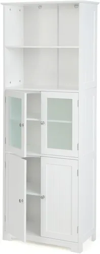 COSTWAY Armario alto de almacenamiento para baño, armario de despensa de cocina independiente con puertas de vidrio y estante ajustable, gabinete de