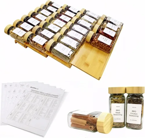 Miniatura 13 de Organizador de Cajón de Especias, 4 Niveles - 8 Piezas Bandeja Inserto de Estante de Especias de Bambú para Cajón de Gabinete Encimera, Organización