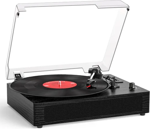Reproductor de discos de vinilo con Bluetooth, tocadiscos de 3 velocidades por correa con altavoces integrados, fácil configuración para