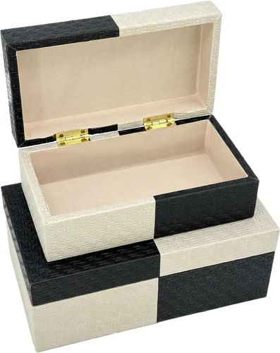 Miniatura 2 de Galt International Cajas de almacenamiento decorativas de cuero vegano, caja grande y pequeña con tapa con bisagras, diseño de cuero a cuadros negro