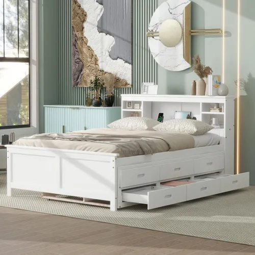 Miniatura 10 de Cama de plataforma de tamaño individual con cabecera de almacenamiento, cama nido individual y estación de carga, cama capitanes de madera de pino