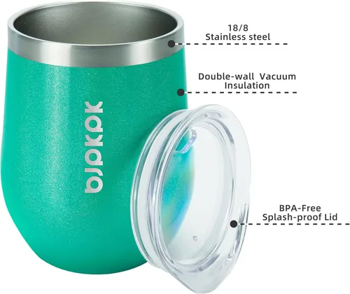 Miniatura 2 de BJPKPK 2 vasos de vino aislados de 12 onzas, tazas de café al vacío de doble pared de 12 onzas con tapa, vasos de vino de acero inoxidable A-verde